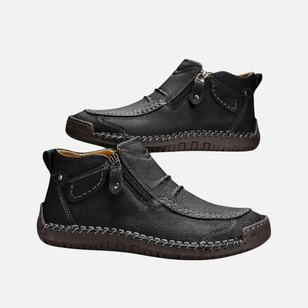 Men's Leather Ankle Shoes - Stitched Casual Zip-Up Boots