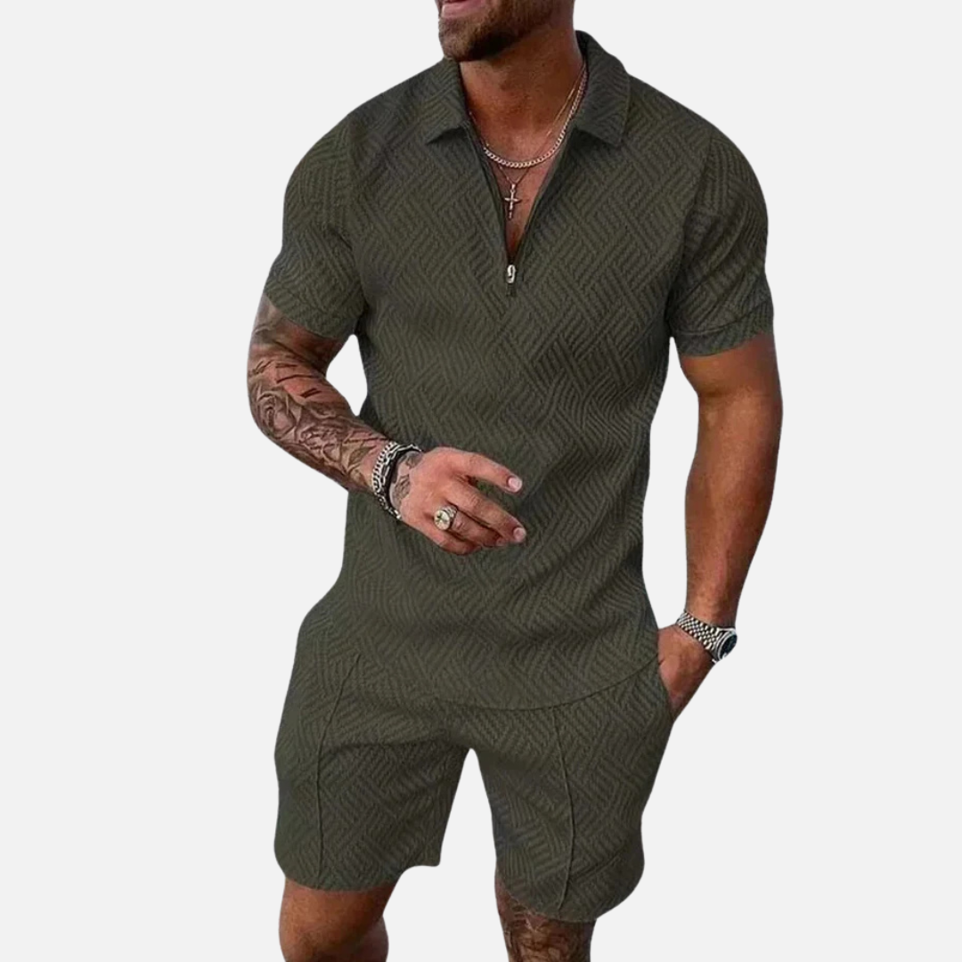 Men's Textured Polo Shorts Set - Summer Zip-Up Knit Co-ord Tracksuit