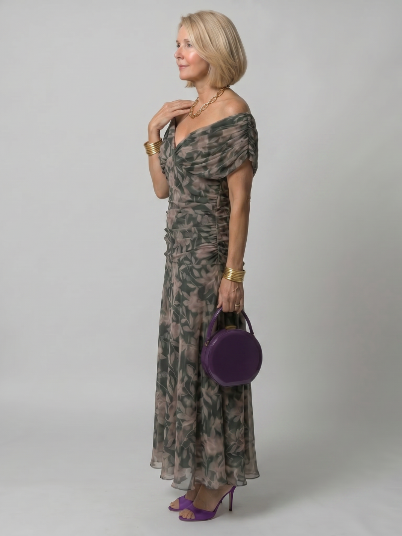 Calen Midi Dress | Off Shoulder, Draped Neckline 5