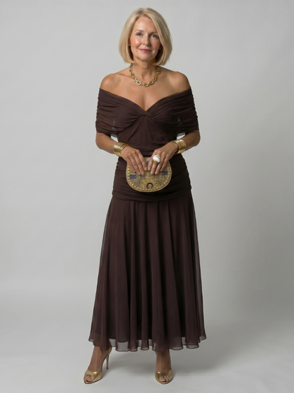 Calen Midi Dress | Off Shoulder, Draped Neckline 9