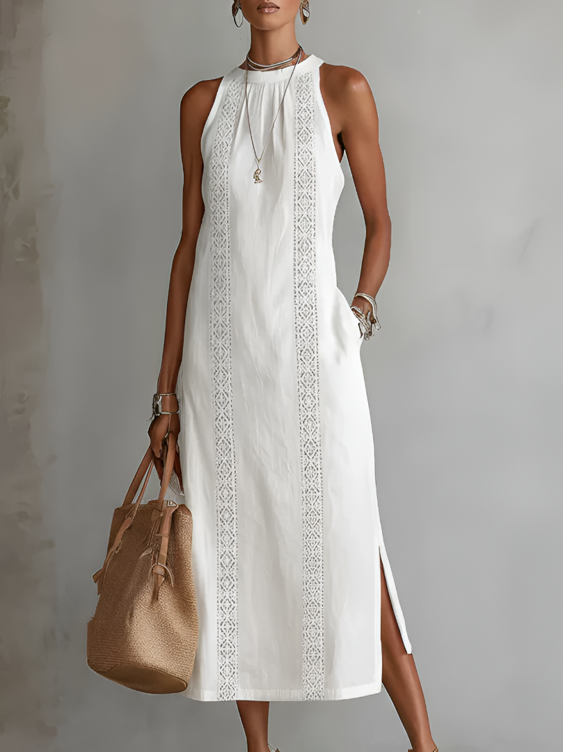 Jimena | Linen Midi Dress with Mao Collar 0