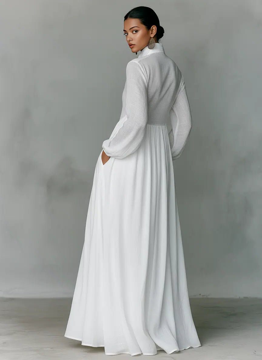 Linen Blend Maxi Shirt Dress with Stand Collar and Pockets for Women 1