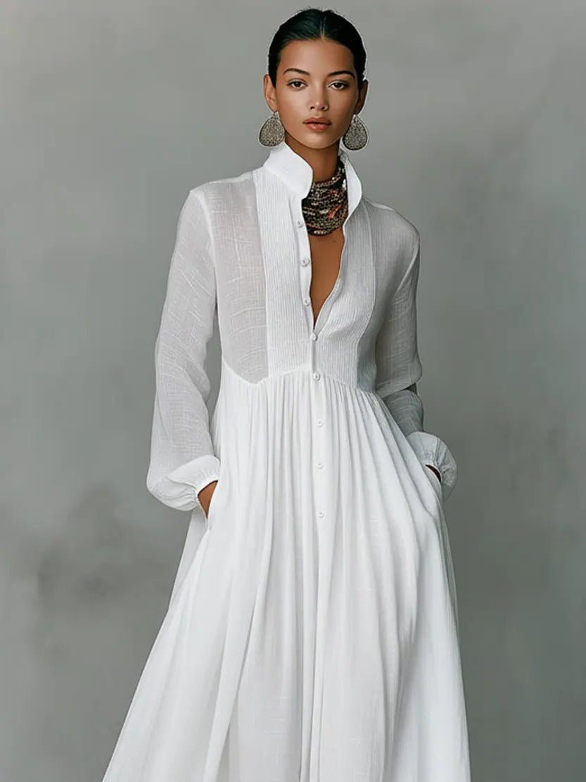 Linen Blend Maxi Shirt Dress with Stand Collar and Pockets for Women 4