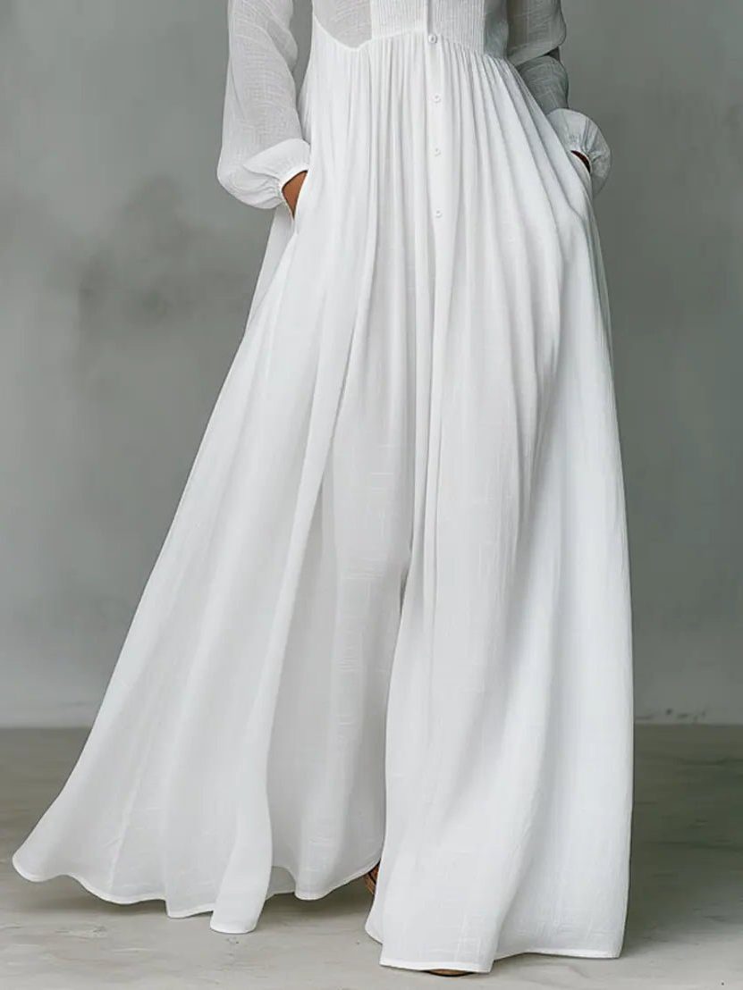 Linen Blend Maxi Shirt Dress with Stand Collar and Pockets for Women 5