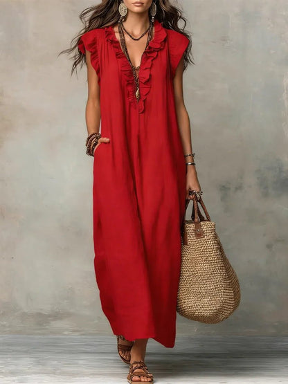 Linen Maxi Dress with V-Neck and Flutter Sleeves for Women 3