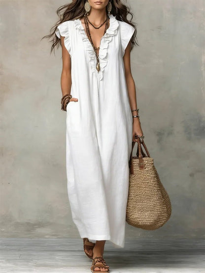 Linen Maxi Dress with V-Neck and Flutter Sleeves for Women 4