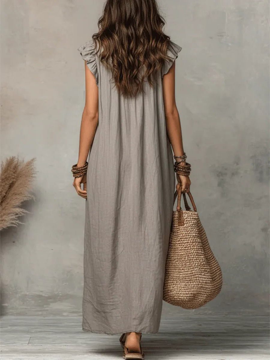 Linen Maxi Dress with V-Neck and Flutter Sleeves for Women 8