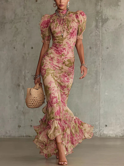 Margaret ∙ Long dress with vintage rose print and puff sleeves 0