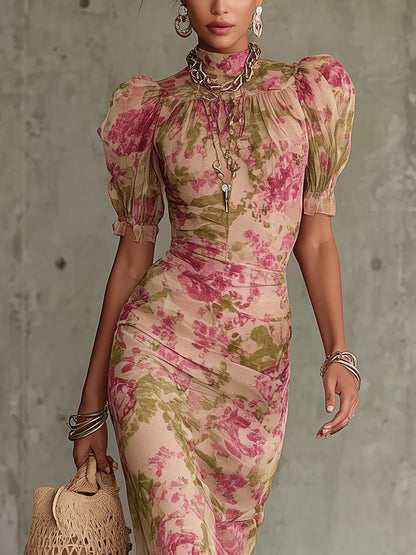 Margaret ∙ Long dress with vintage rose print and puff sleeves 1