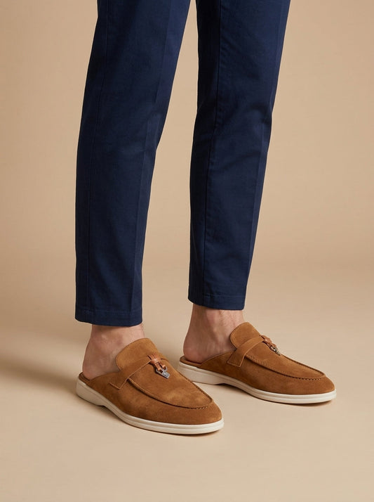 Men's Suede Mule Loafers - Open Back - Metal Bar Detail - Flat Rubber Sole 0
