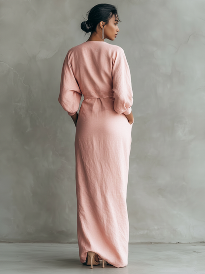 Pink Minimalist Maxi Dress with V-Neck for Women 1