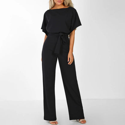 Wide Leg Jumpsuit for Women - Belted Short Sleeve 3