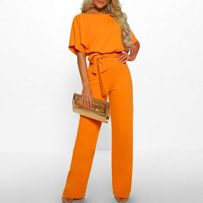 Wide Leg Jumpsuit for Women - Belted Short Sleeve 8