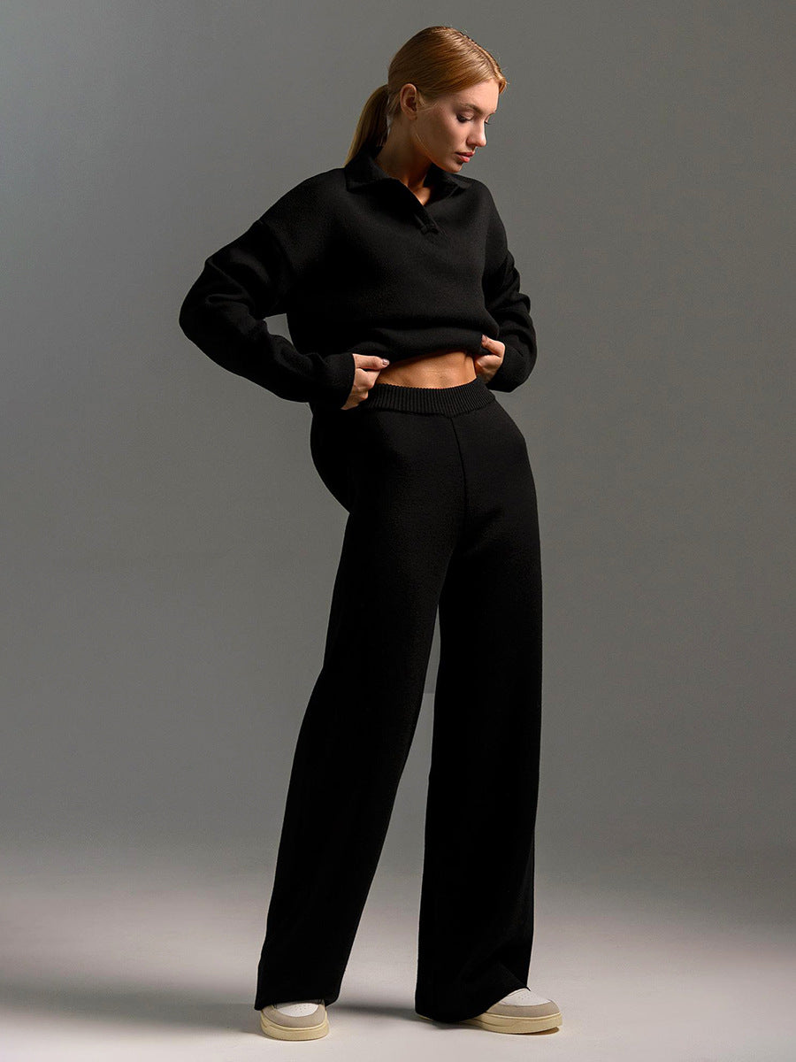 Women's Elegant Casual Outfit – Wide Leg Trousers and Polo Shirt 10