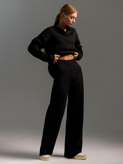 Women's Elegant Casual Outfit – Wide Leg Trousers and Polo Shirt 10