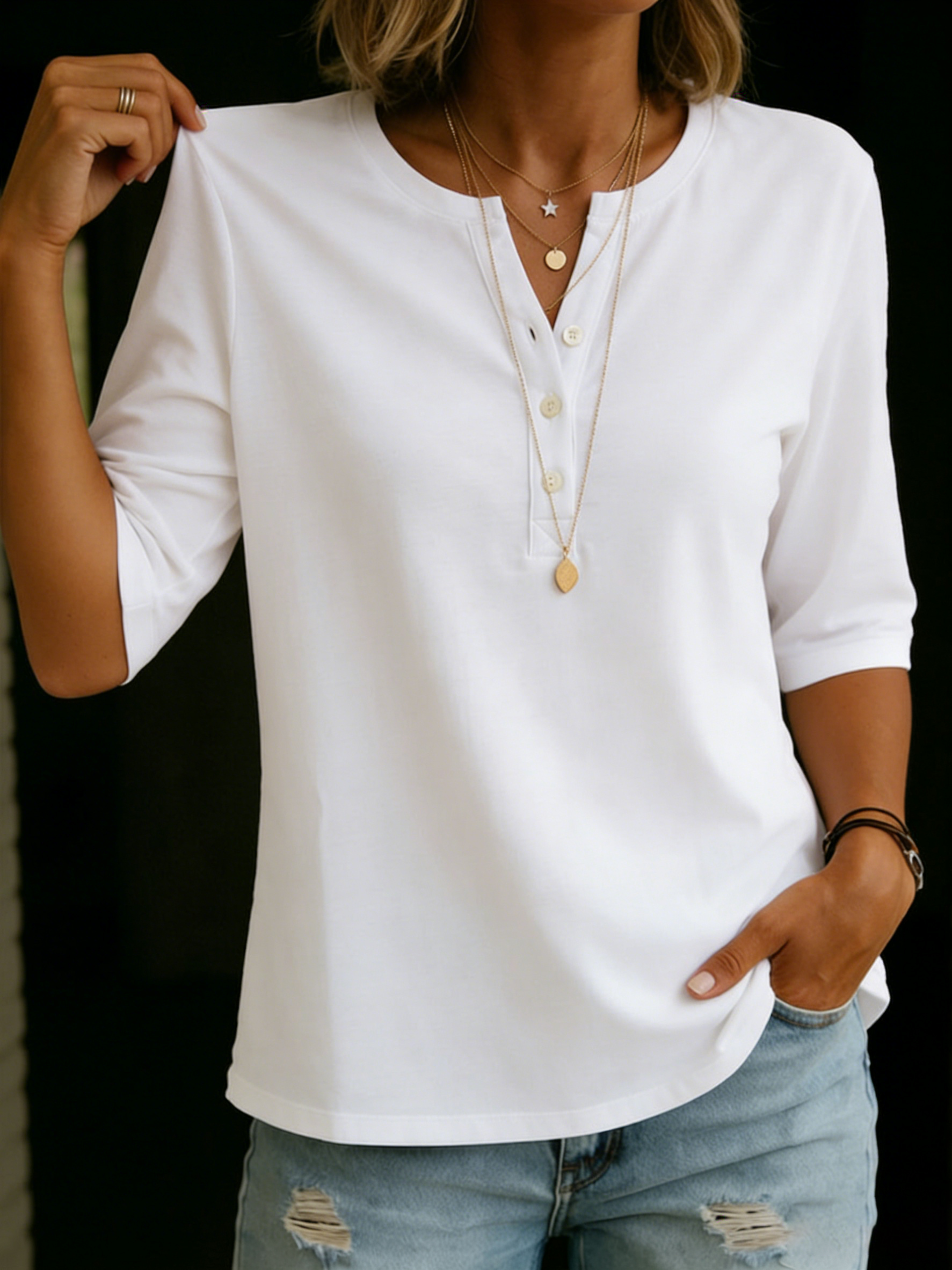 Women's Henley Neck T-shirt, 100% Cotton – Casual Short-Sleeve Top 2