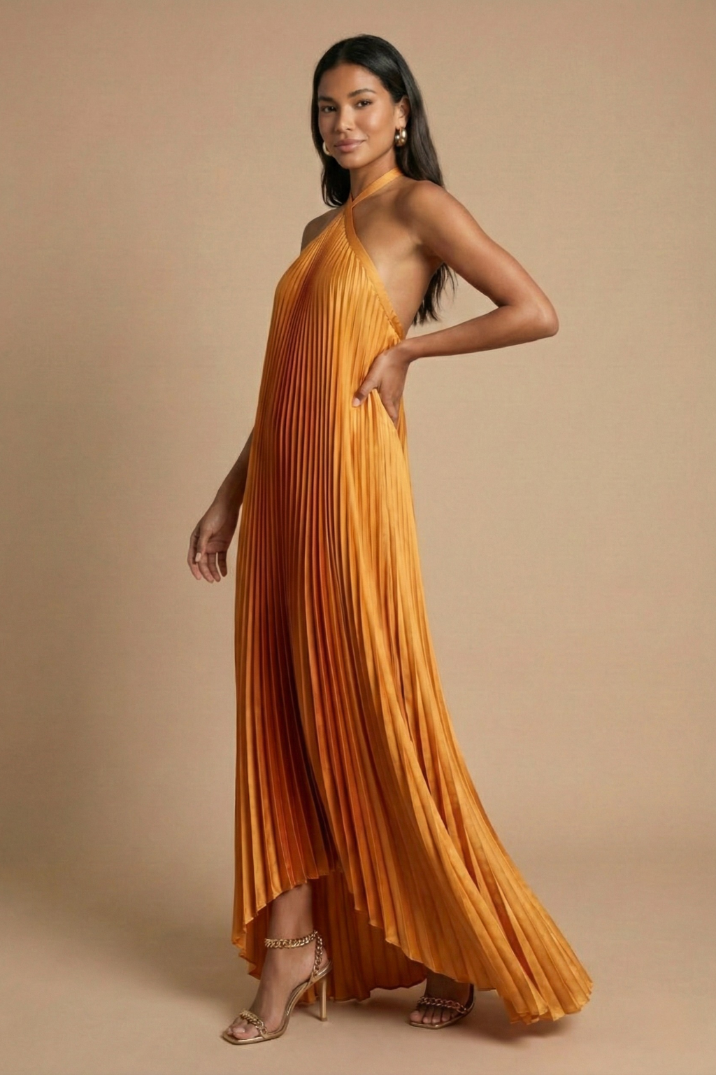 Women’s Open Back Halter Pleated Maxi Dress with Tie Closure 1