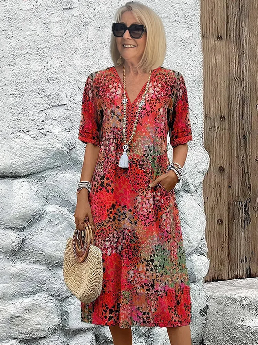 Women's Printed V-Neck A-Line Midi Dress 0